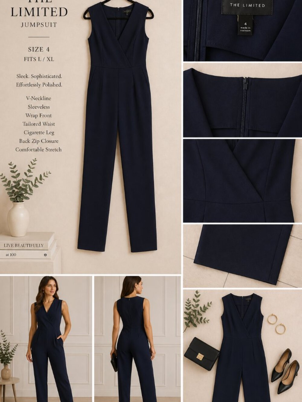 The Limited Navy Blue Jumpsuit 4 Slim Leg Tailored Elegant - Picture 7 of 7